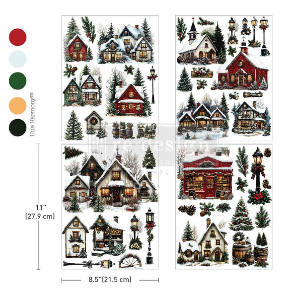 Set of winter village scene stickers with houses, trees, and lights on a white background.