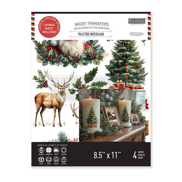Packaging of Middy Transfers with Christmas-themed designs including trees, deer, and wreaths.