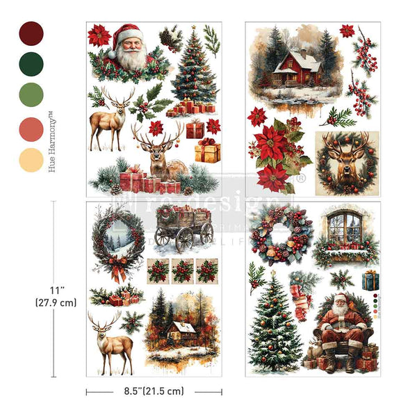 Collection of Christmas-themed stickers with Santa Claus, reindeer, trees, and presents on a white background.