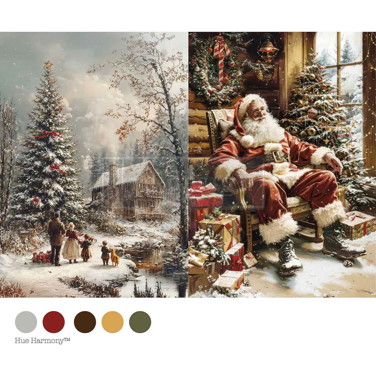 Two Christmas-themed scenes with Santa Claus and a snowy landscape, accompanied by a color palette.