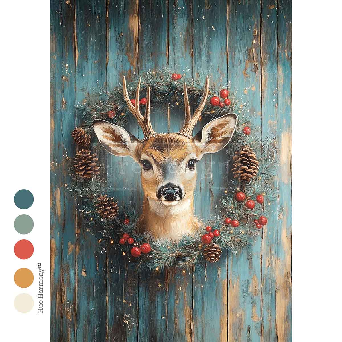 Deer head surrounded by foliage and berries on a wooden background
