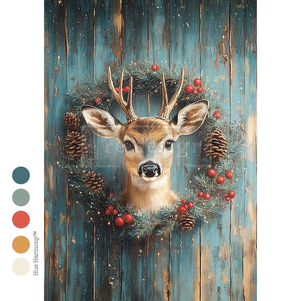 Deer head surrounded by foliage and berries on a wooden background