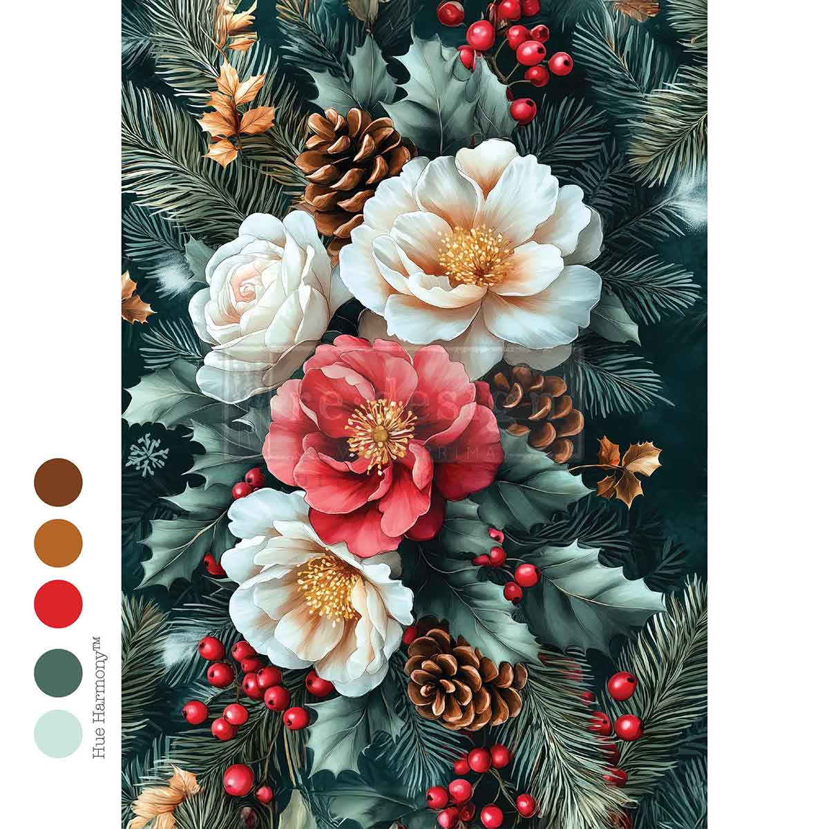 Decorative design with flowers, pine cones, and berries on a dark background