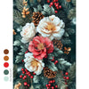 Decorative design with flowers, pine cones, and berries on a dark background