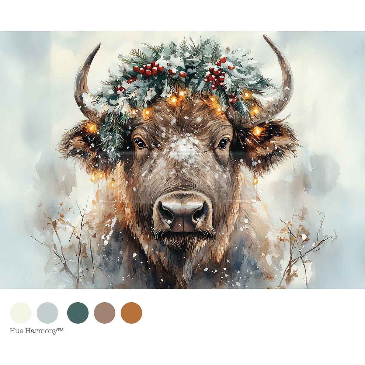 Painting of a bull with a festive wreath and lights against a snowy background