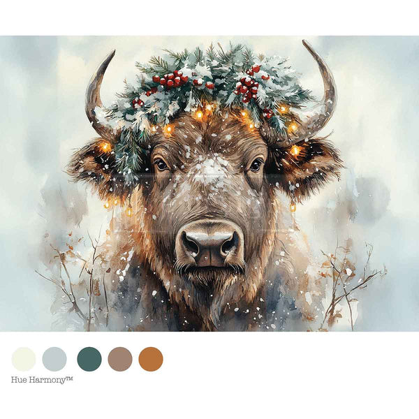 Painting of a bull with a festive wreath and lights against a snowy background