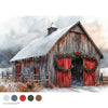 Wooden barn with red doors and festive decorations in a snowy landscape, featuring Hue Harmony color swatches.