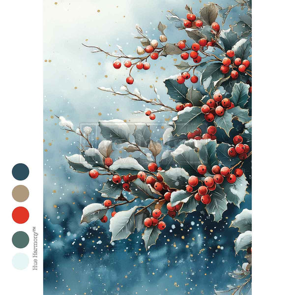 Illustration of holly berries and leaves with a snowy background