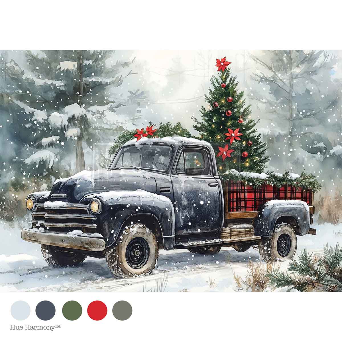 Vintage truck with Christmas tree in a snowy landscape