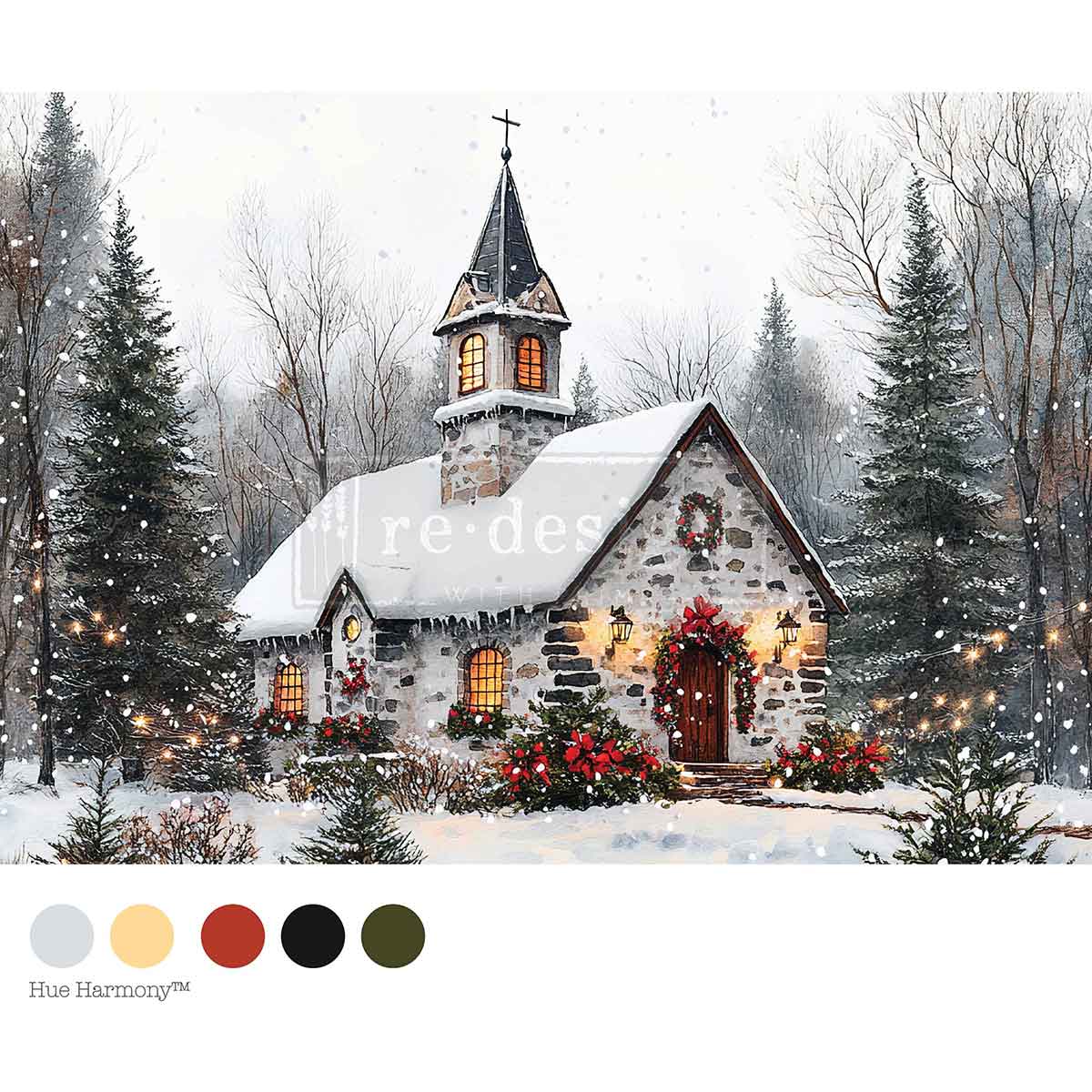 Snow-covered church with festive decorations in a winter landscape, featuring a color palette at the bottom.