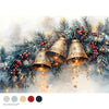 Decorative image of three gold bells hanging among Christmas trees and lights on a white background.