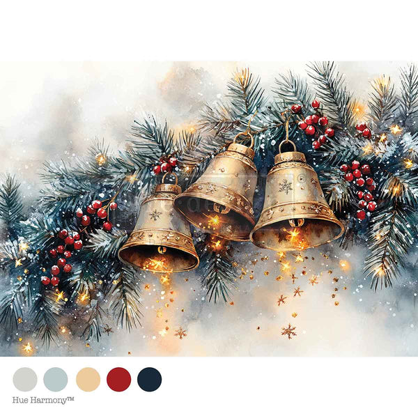 Decorative image of three gold bells hanging among Christmas trees and lights on a white background.