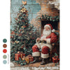 Vintage-style painting of Santa Claus sitting by a fireplace with a Christmas tree and presents.