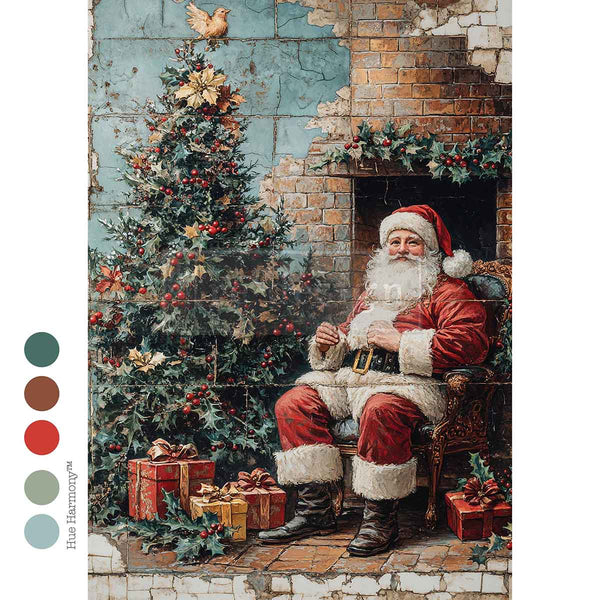 Vintage-style painting of Santa Claus sitting by a fireplace with a Christmas tree and presents.