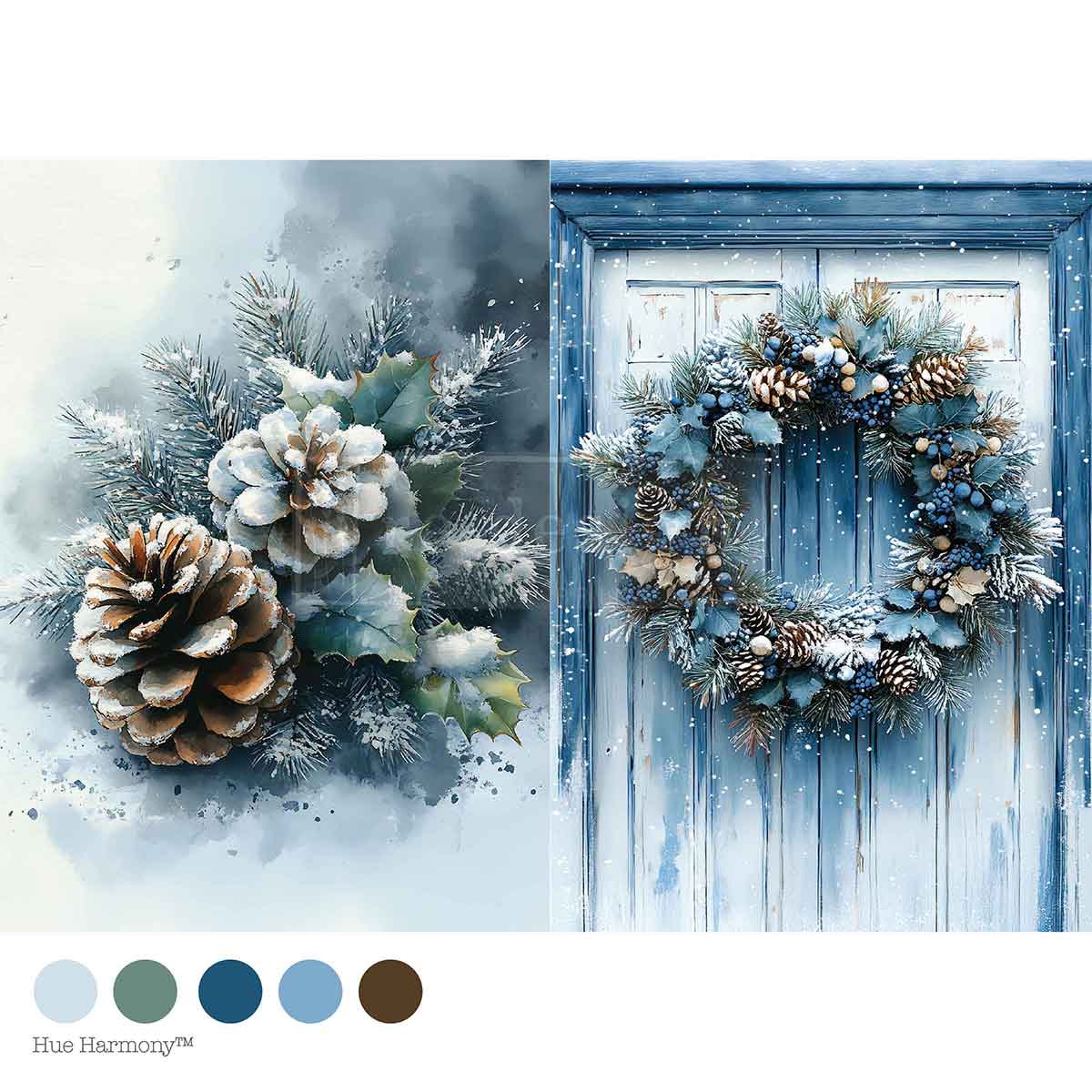 Decorative winter wreath with pinecones and snowy elements on a blue door, with color swatches below.