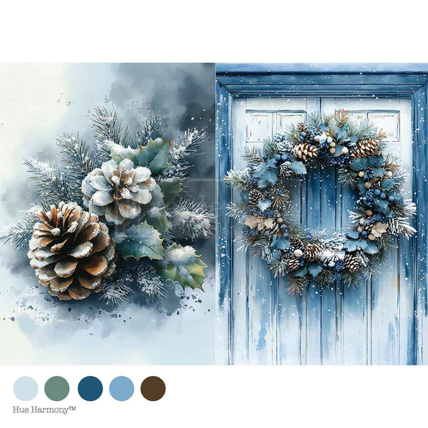 Decorative winter wreath with pinecones and snowy elements on a blue door, with color swatches below.