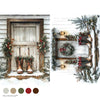 Decorative winter scene with a wooden door, wreaths, and boots on a snowy background.