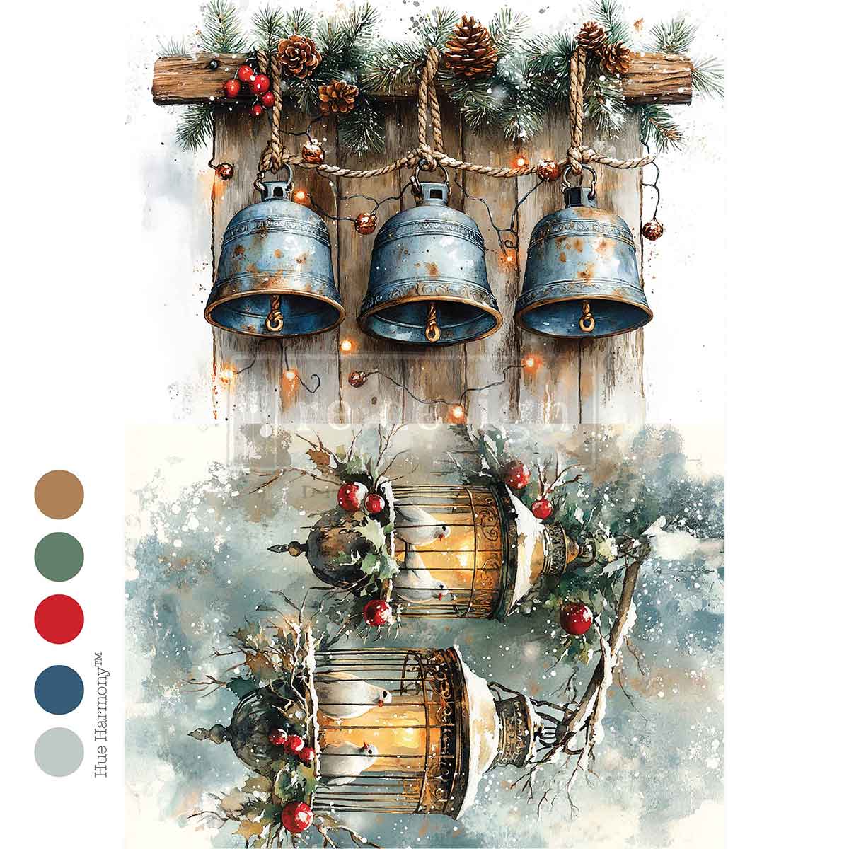Decorative wall art with rustic bells and lanterns, featuring a color palette of earthy tones.