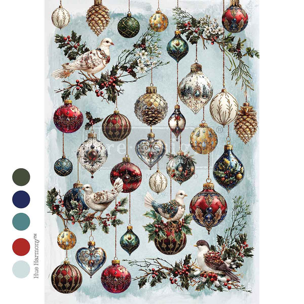 Decorative Christmas design with ornaments, birds, and foliage on a light blue background.