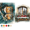 Decorative winter scene with a lantern and window box filled with Christmas decorations.