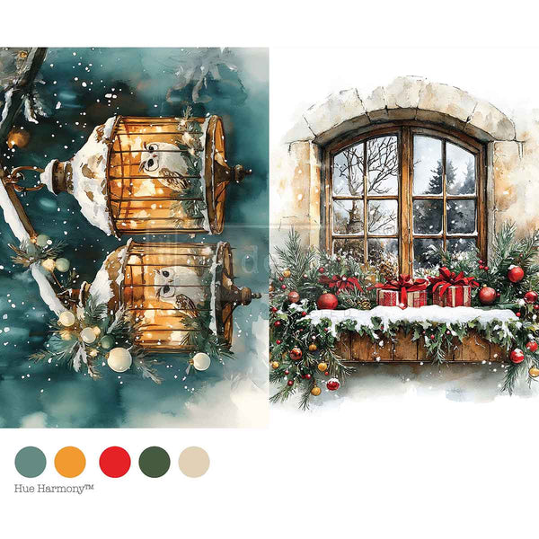 Decorative winter scene with a lantern and window box filled with Christmas decorations.