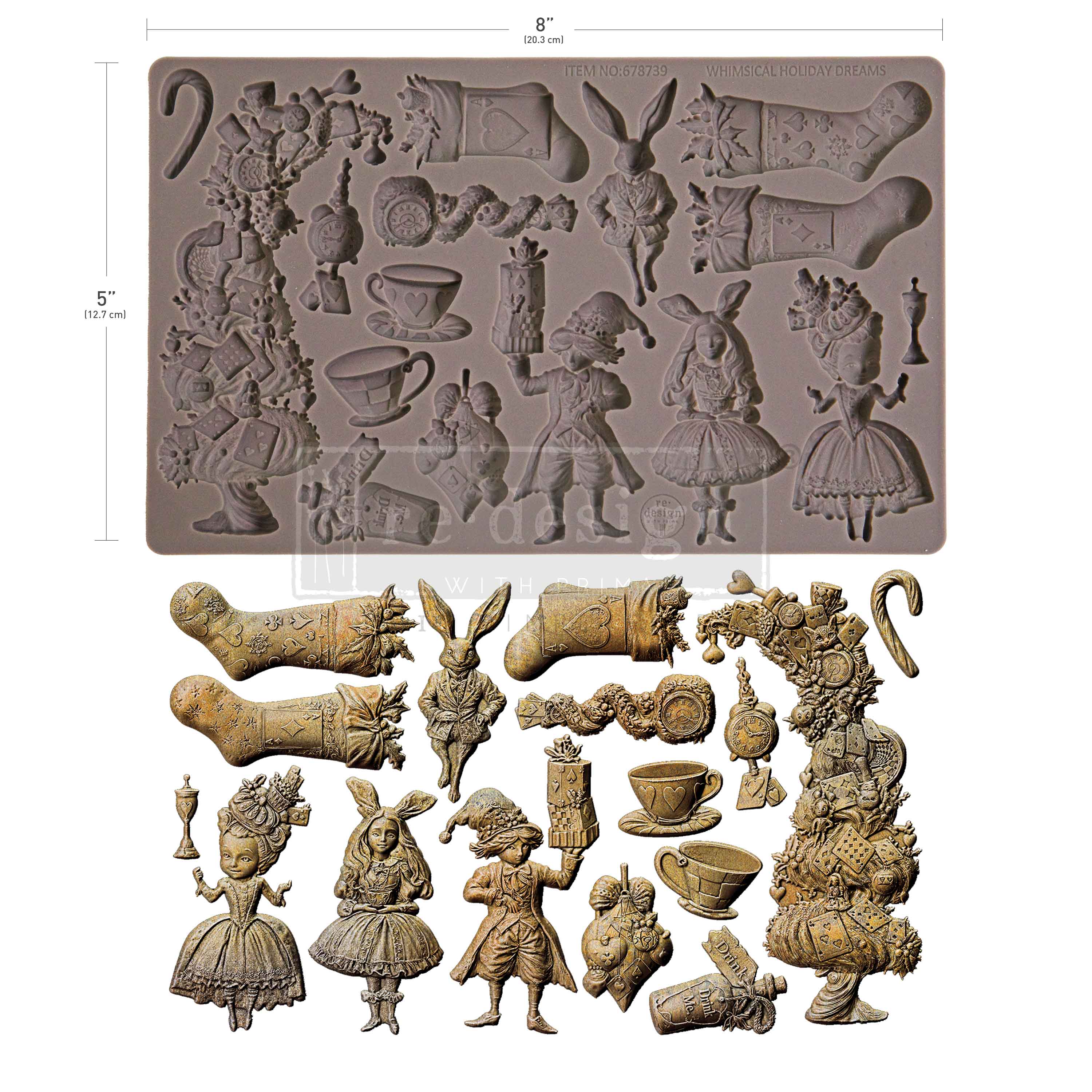 Silicone mold with Alice in Wonderland-themed cavities and the actual molded items on a white background.