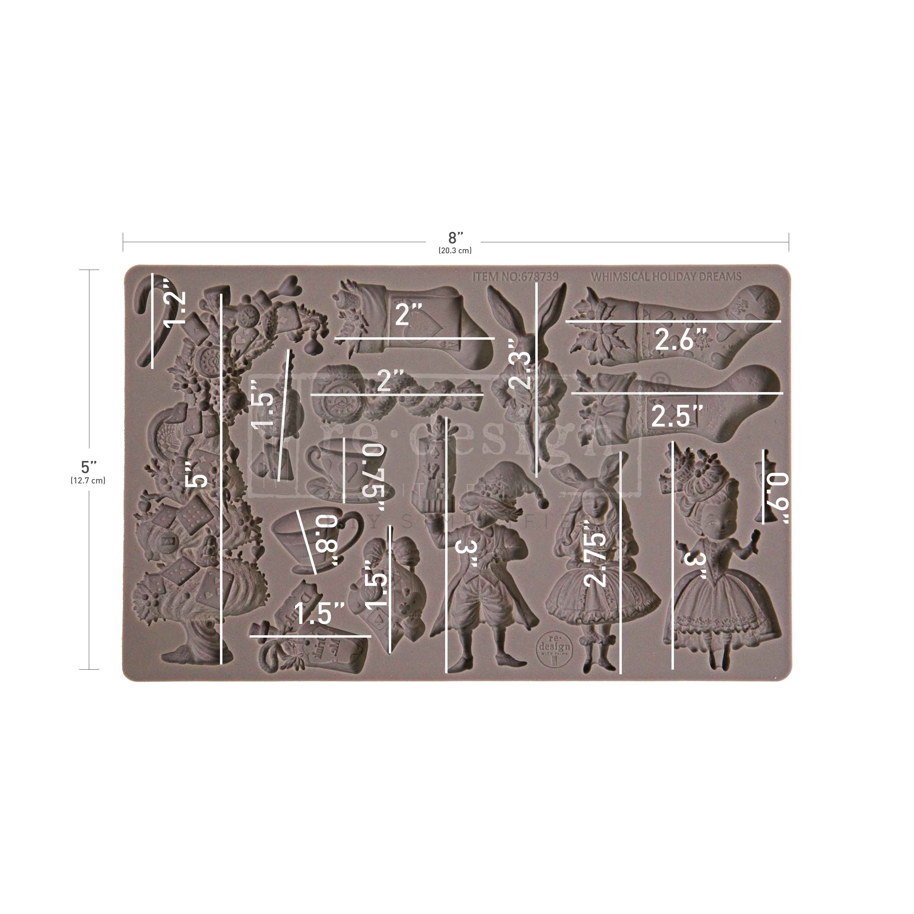 Silicone mold with character designs and measurements on a white background