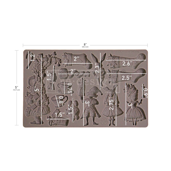 Silicone mold with character designs and measurements on a white background