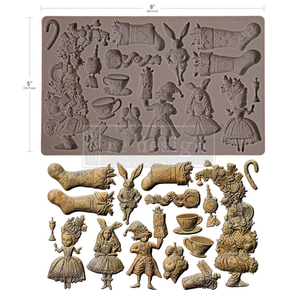 Silicone mold with Alice in Wonderland-themed cavities and the actual molded items on a white background.