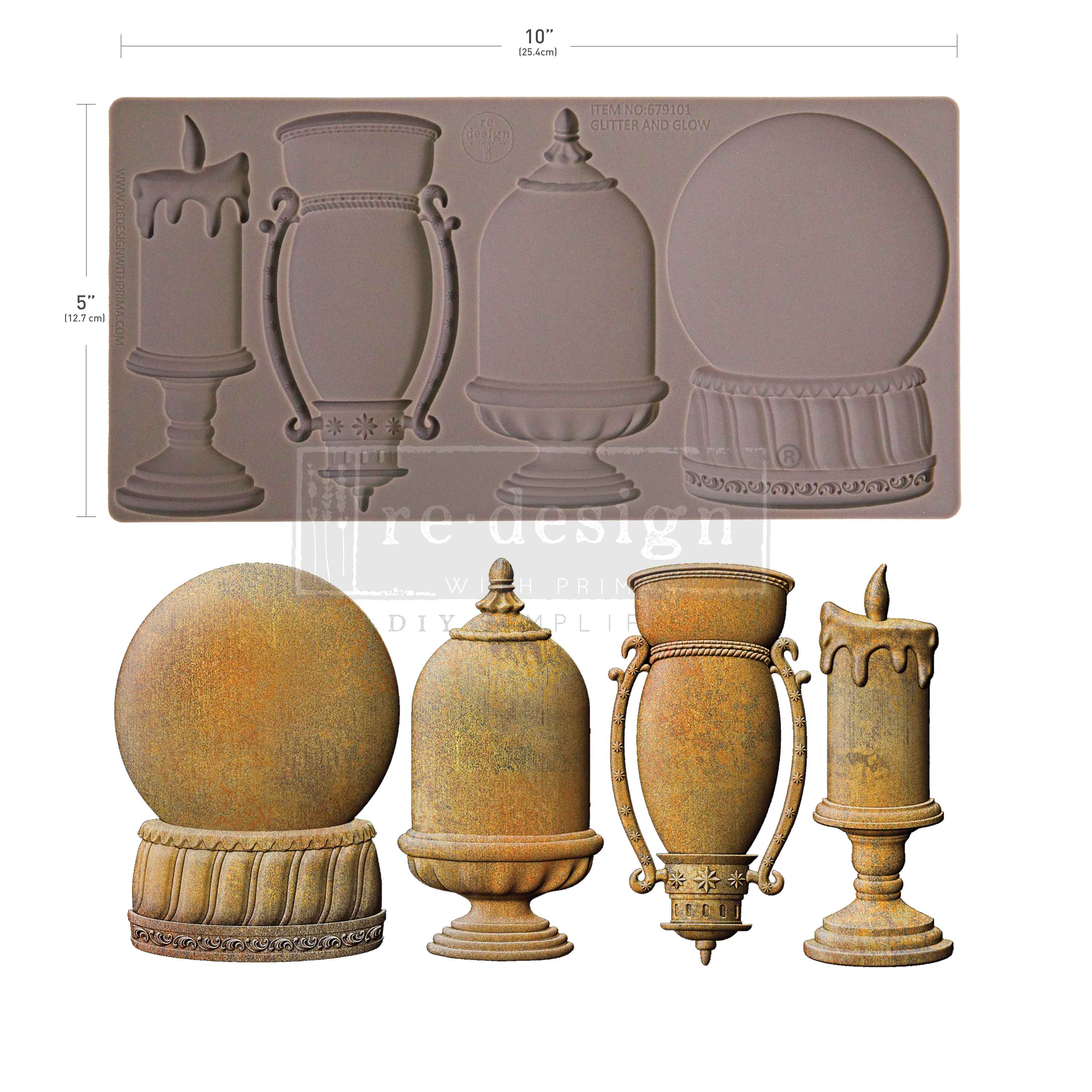 Silicone mold for creating decorative urns and vases with measurements on a white background