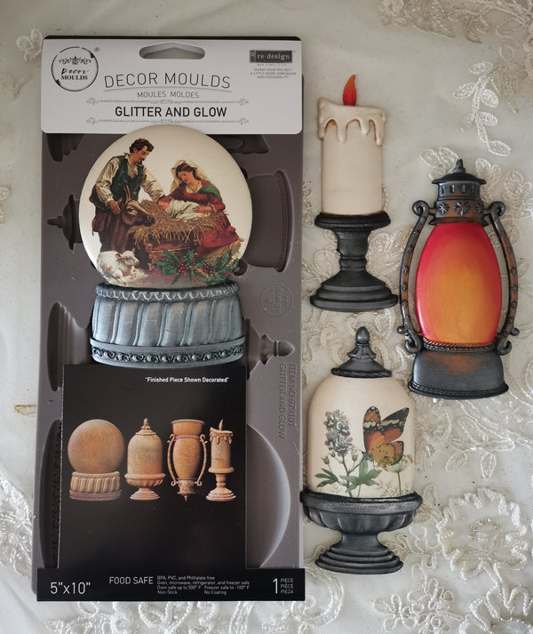 Decorative mold packaging with sample molds and a candle on a decorative background