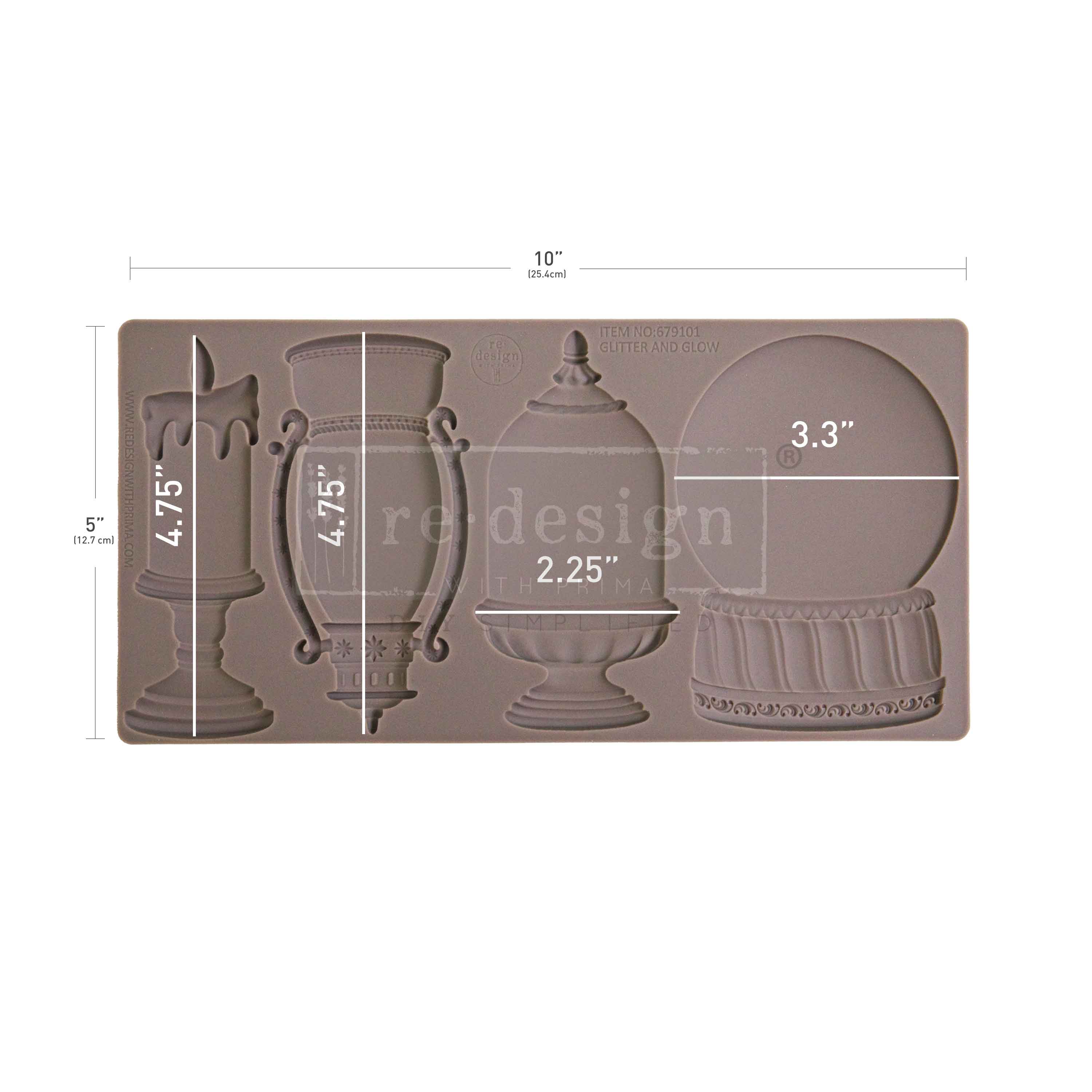 Silicone mold with decorative shapes and measurements on a white background