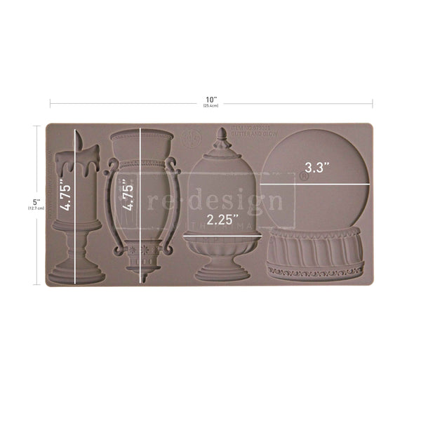 Silicone mold with decorative shapes and measurements on a white background