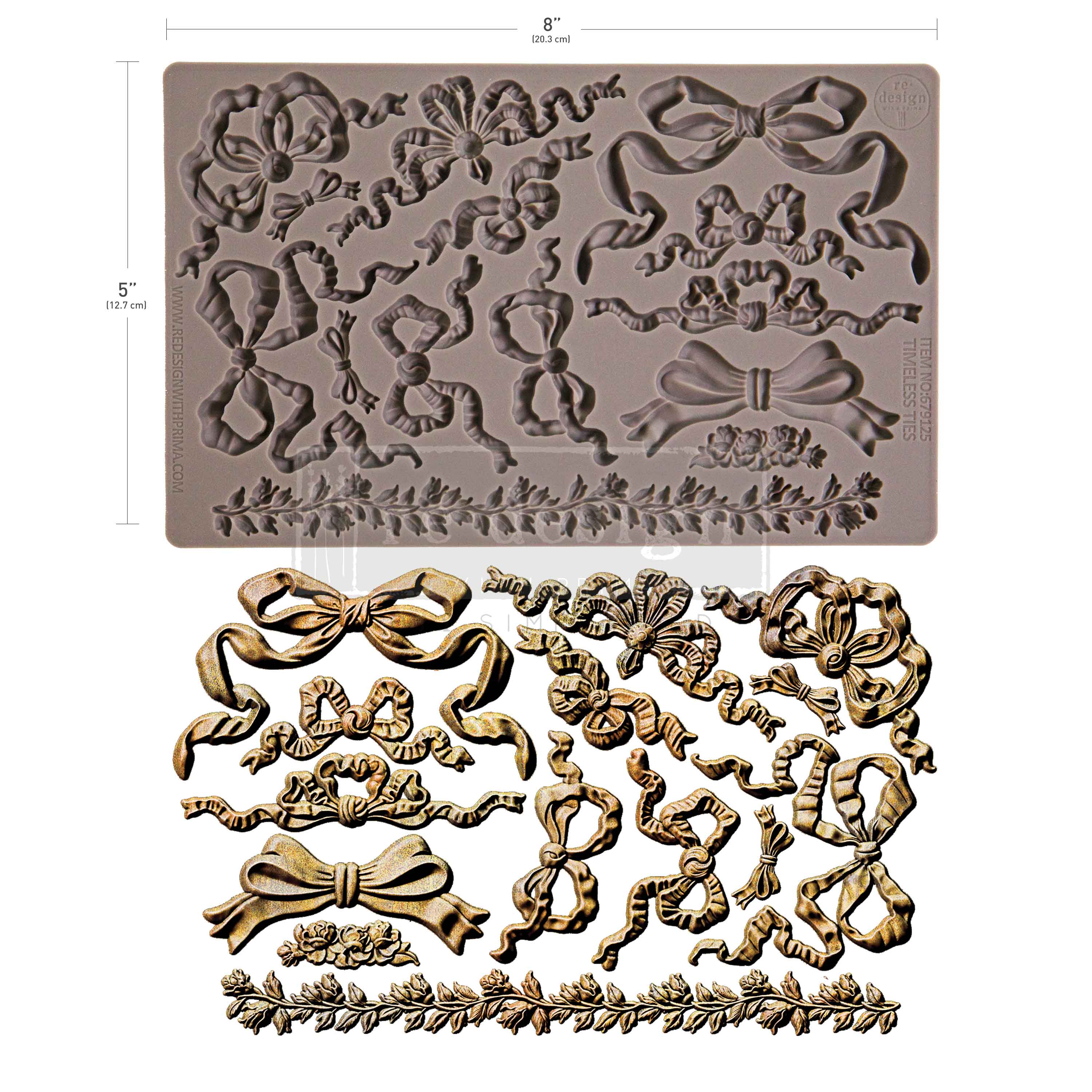 Decorative silicone mold with floral and bow designs on a white background