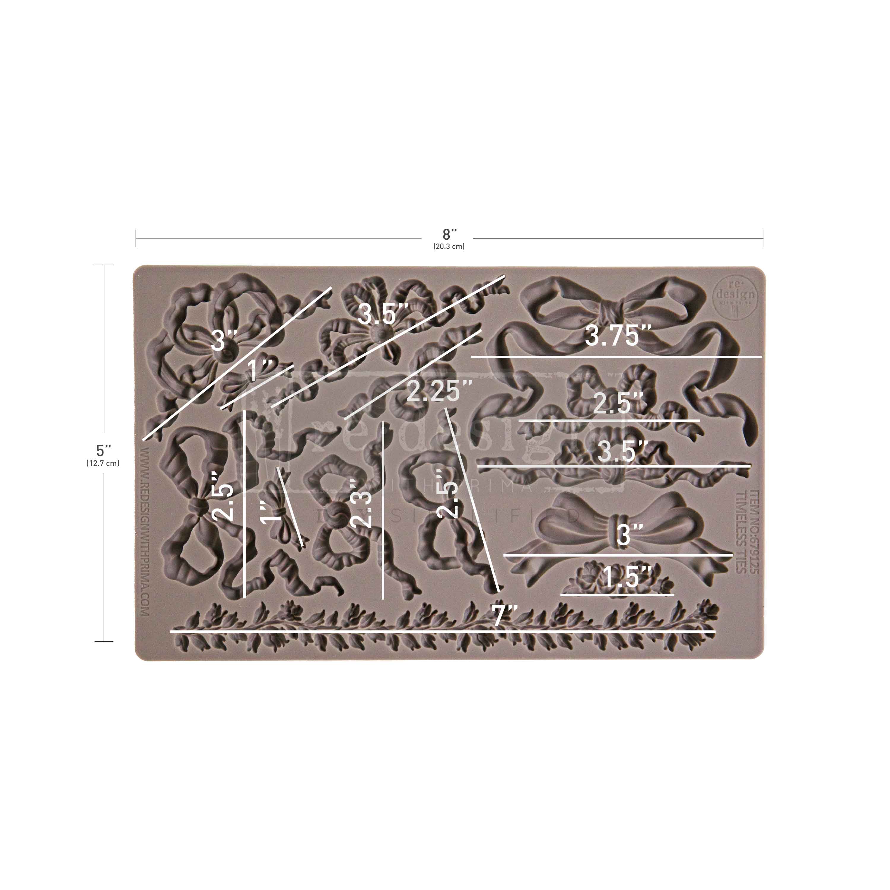 Silicone mold with floral and bow designs and measurements on a white background