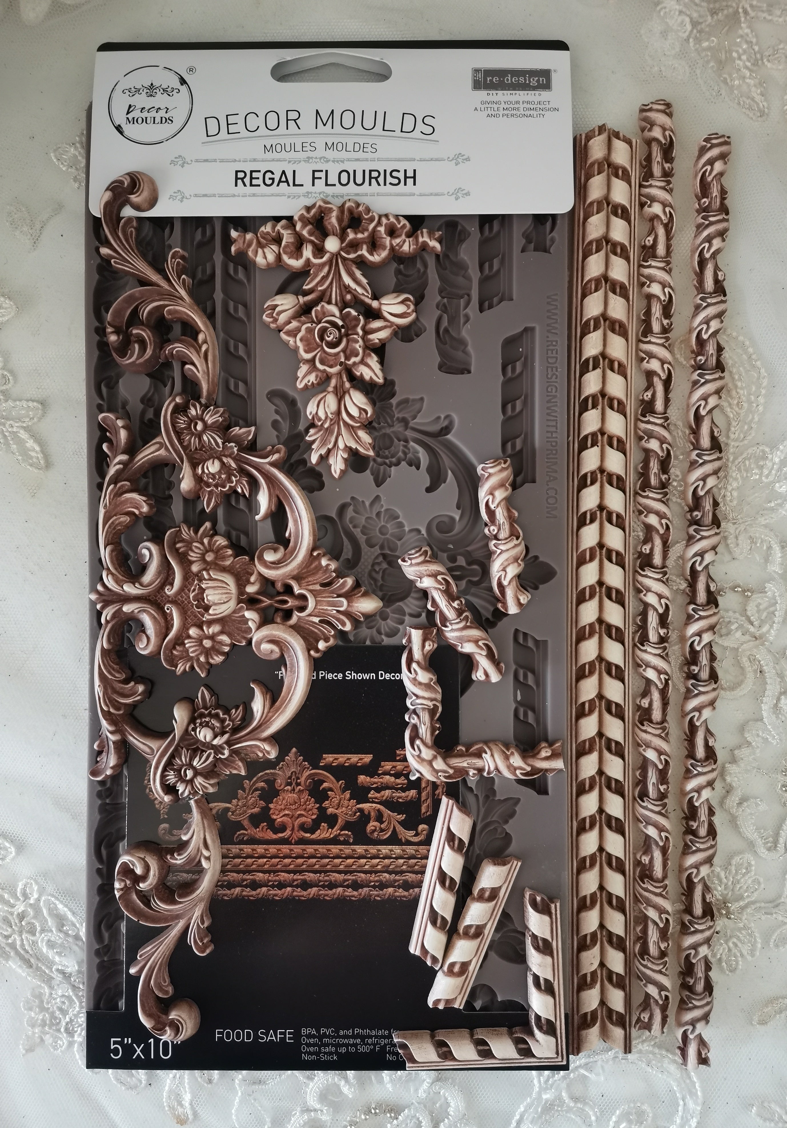 Decorative moulds packaging with decorative elements on a textured background