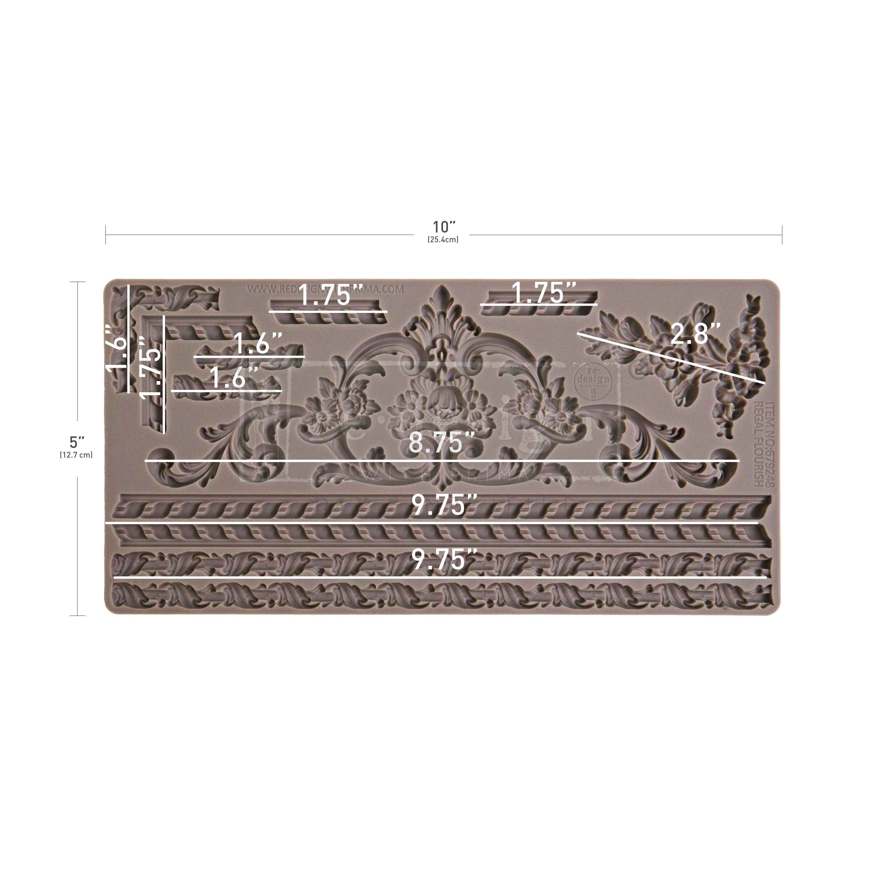Decorative metal mold with intricate design and dimensions on a white background