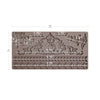 Decorative metal mold with intricate design and dimensions on a white background