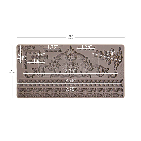 Decorative metal mold with intricate design and dimensions on a white background