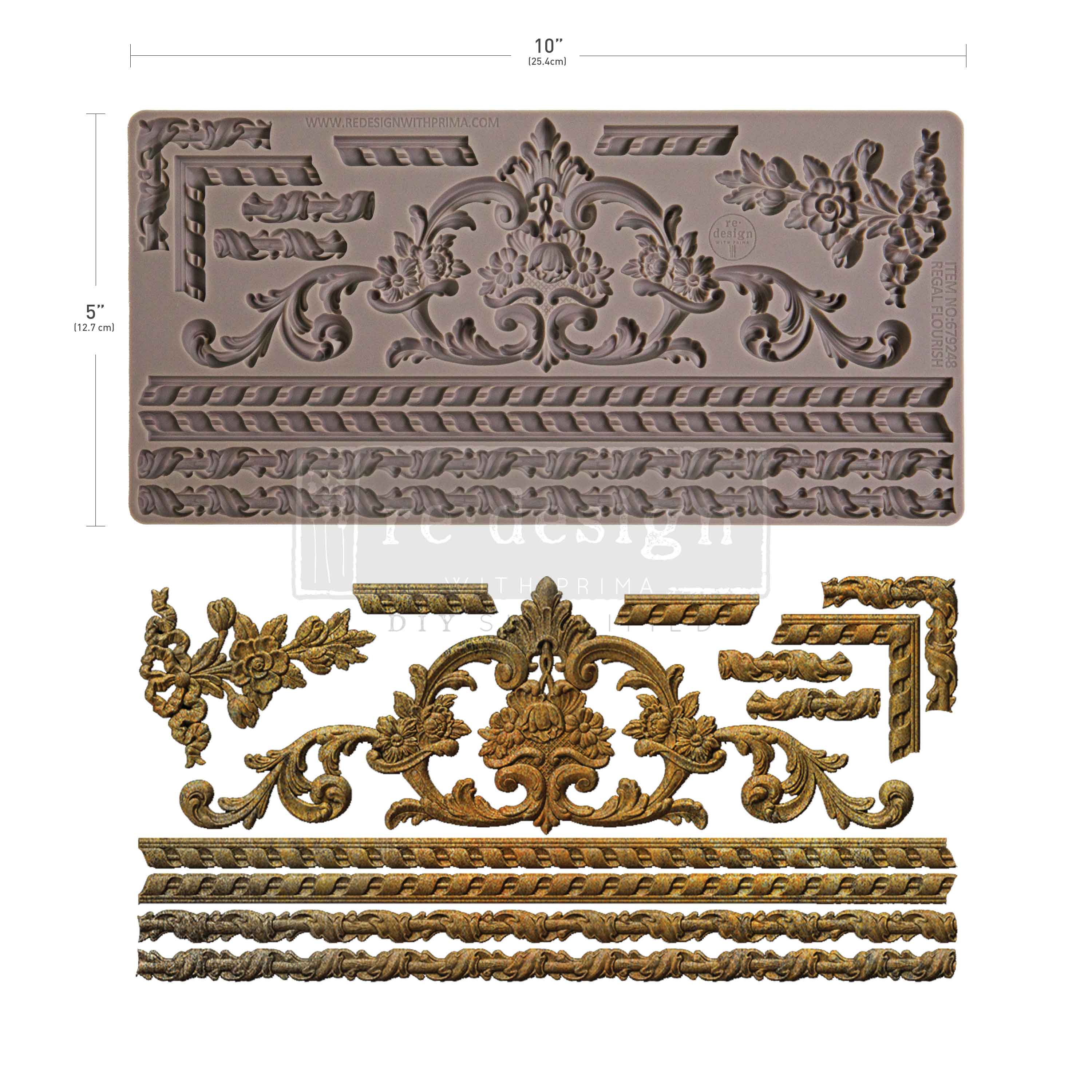 Decorative wall moldings with intricate designs and measurements on a white background