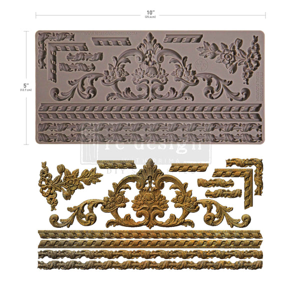 Decorative wall moldings with intricate designs and measurements on a white background