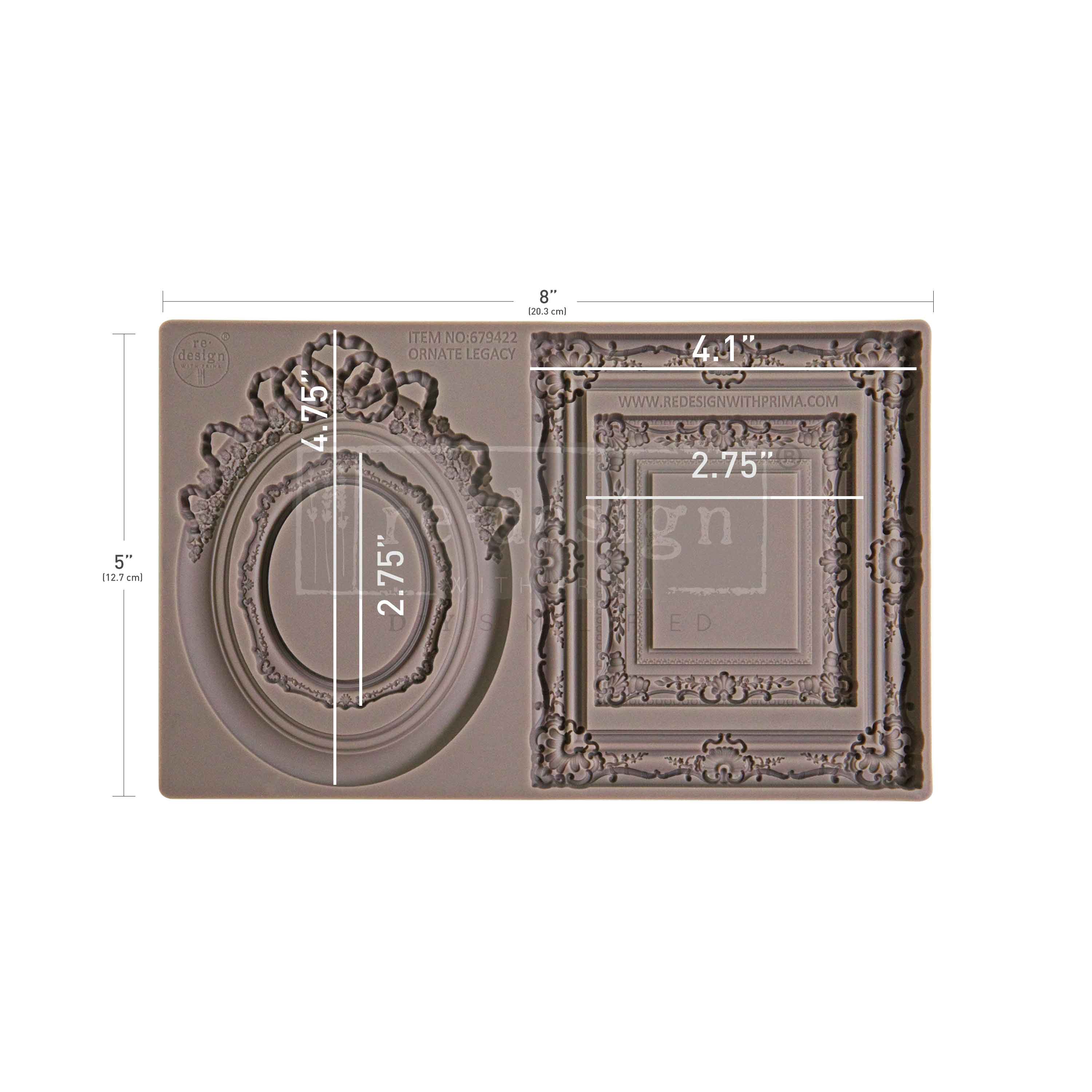 Decorative frame mold with measurements on a white background