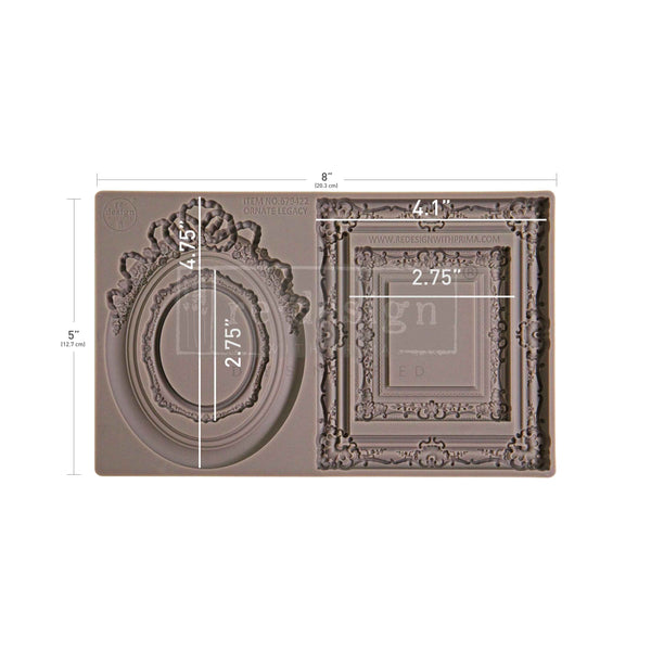 Decorative frame mold with measurements on a white background