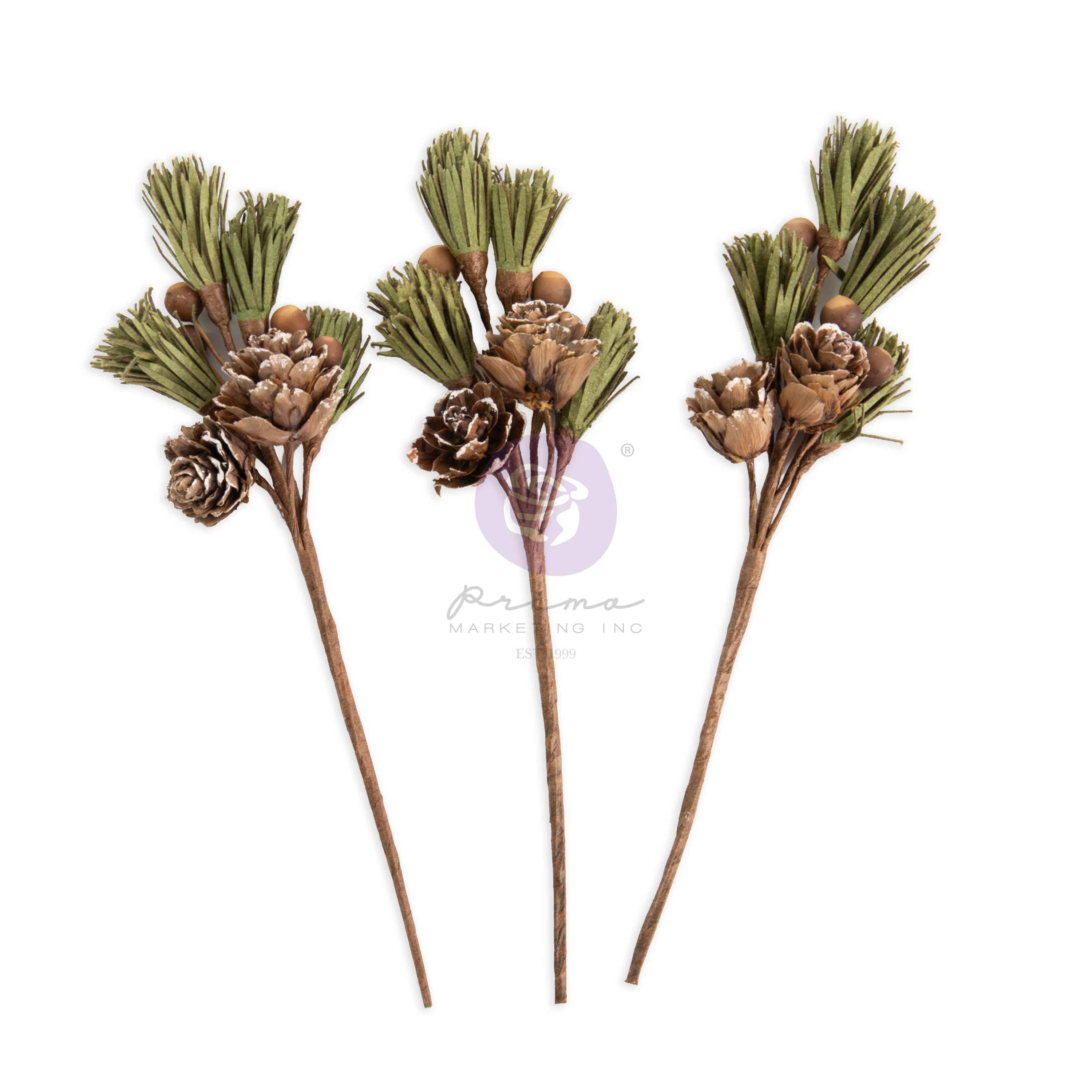 Three decorative sticks with green foliage and pine cones on a white background, branded 'Prima'.