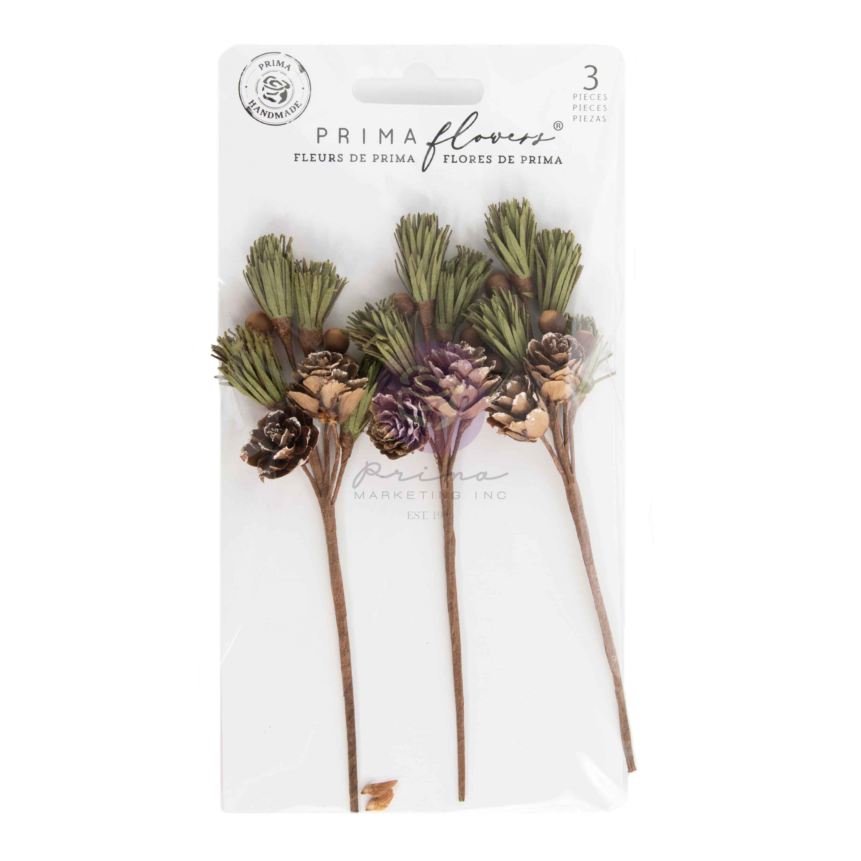 Prima Flowers packaging with three floral stems and pinecones on a white background