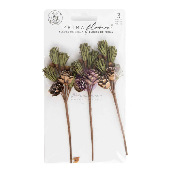 Prima Flowers packaging with three floral stems and pinecones on a white background