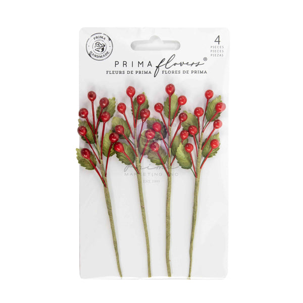 Pack of Prima Flowers with red berries and green leaves on a white background