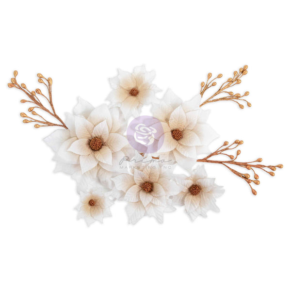 Decorative floral arrangement with beige flowers and gold branches on a white background