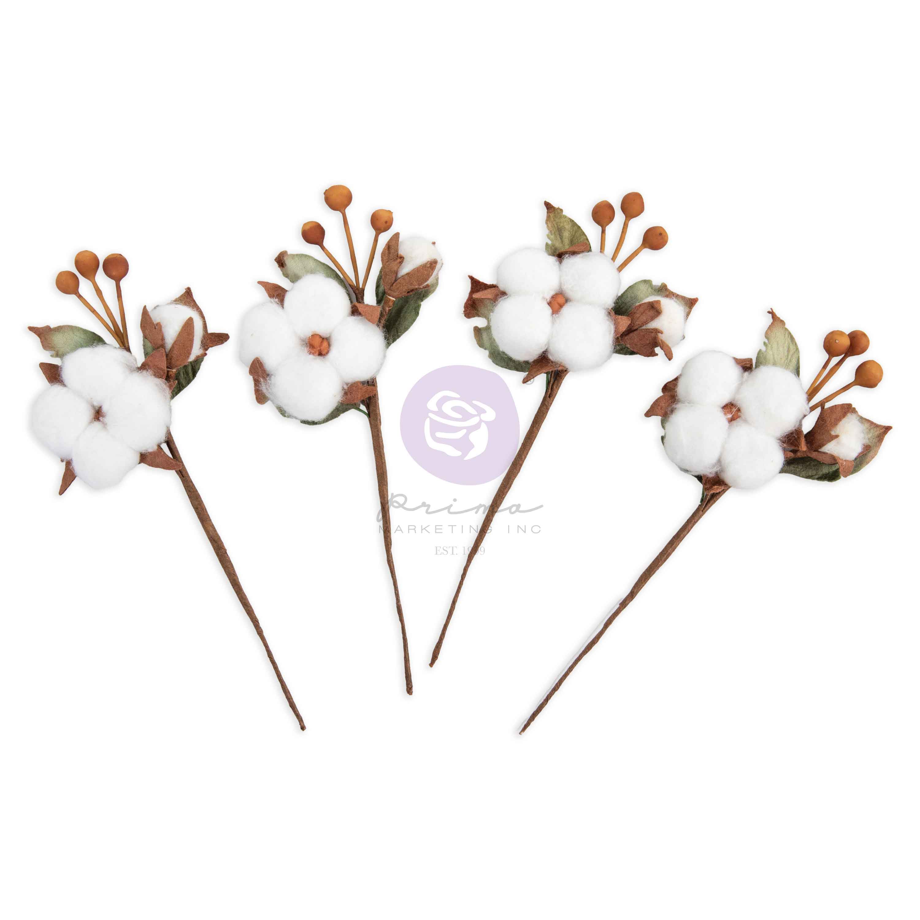 Decorative floral picks with cotton-like flowers and brown buds on a white background.