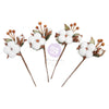 Decorative floral picks with cotton-like flowers and brown buds on a white background.